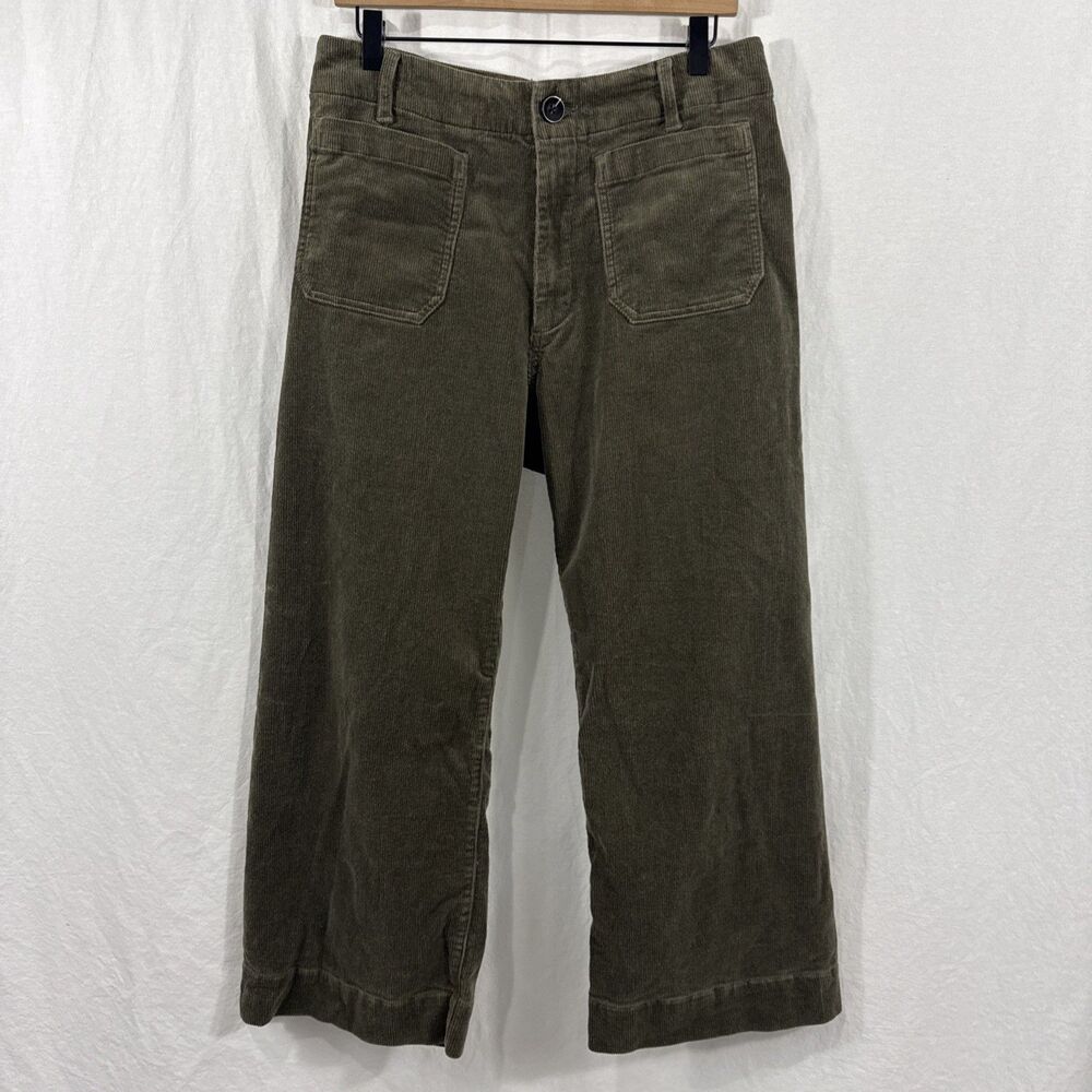 Quince Organic Stretch Corduroy Cropped Wide Leg Green Pants Womens Sz 12 Fall